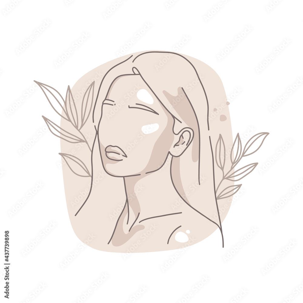 Portrait of a girl, model. Long hair, hairstyle, beautiful glowing skin. Vector illustration in a modern minimalist style. Elegant outline drawing, fashion sketch. Abstract shapes in pastel colors. Portrait of a girl, model. Long hair, hairstyle, beautiful glowing skin. Vector illustration in a modern minimalist style. Elegant outline drawing, fashion sketch. Abstract shapes in pastel colors.