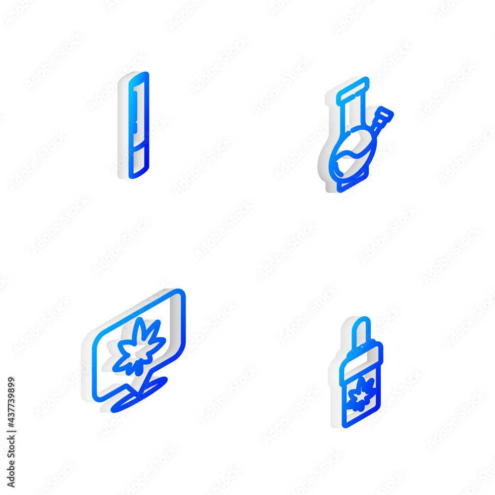 Set Isometric line Glass bong for smoking marijuana, Marijuana joint, Location and cannabis and olive oil icon. Vector Set Isometric line Glass bong for smoking marijuana, Marijuana joint, Location and cannabis and olive oil icon. Vector