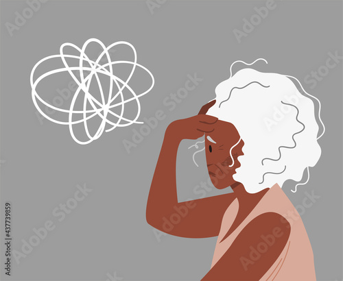 Eldery gray-haired woman with dementia and bewildered thoughts in her mind. Concept of memory loss anf fight with amnesia and mental disorder. Vector illustration.