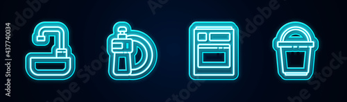 Set line Washbasin with water tap, Dishwashing liquid bottle and plate, Kitchen dishwasher machine and Bucket. Glowing neon icon. Vector