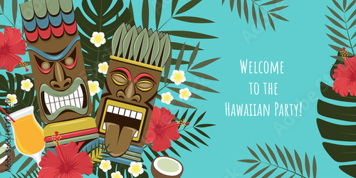 Hawaiian tiki statues banner. Party invitation. Template for banner, flyer, invitation.