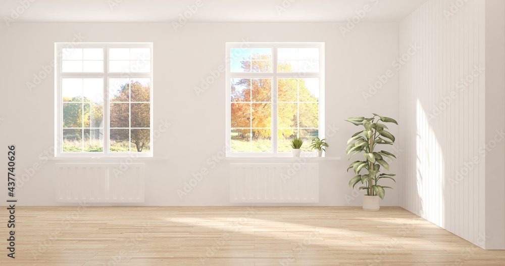 Fototapeta premium Stylish empty room in white color with autumn landscape in window. Scandinavian interior design. 3D illustration