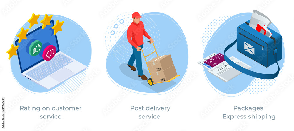 Isometric concept of Rating on customer service, Post delivery service and Packages Express shipping. Post office Postman recipient