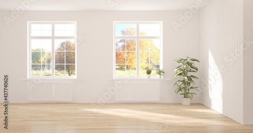 Stylish empty room in white color with autumn landscape in window. Scandinavian interior design. 3D illustration © AntonSh