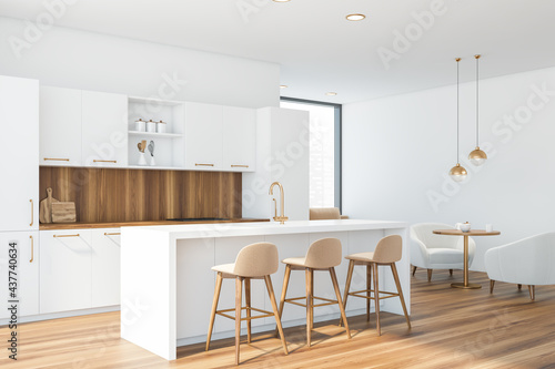 Bar with stools in white and wooden kitchen corner