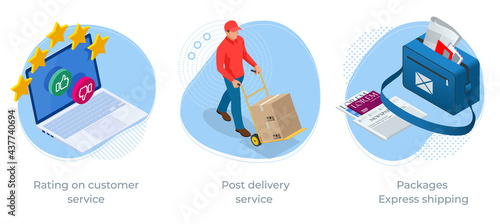 Isometric concept of Rating on customer service, Post delivery service and Packages Express shipping. Post office Postman recipient