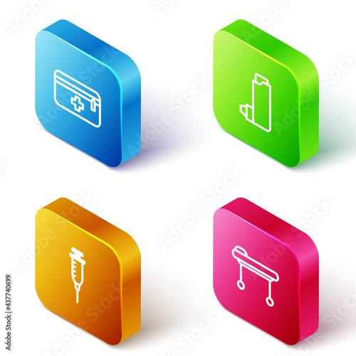 Set Isometric line First aid kit, Inhaler, Syringe and Stretcher icon. Vector