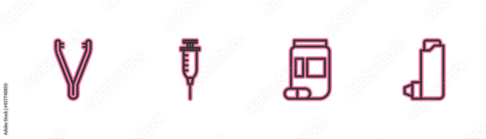 Set line Medical tweezers, Medicine bottle and pills, Syringe and Inhaler icon. Vector Set line Medical tweezers, Medicine bottle and pills, Syringe and Inhaler icon. Vector