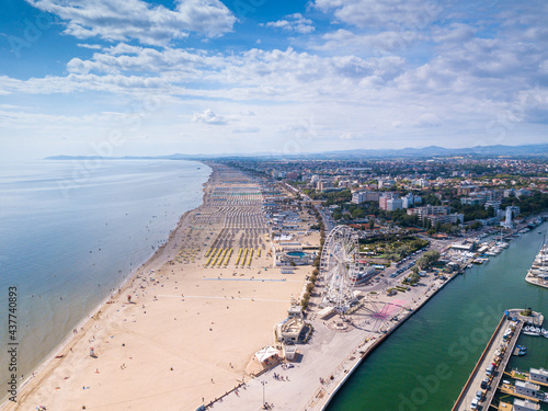 Italy June 2021, aerial view of the Romagna Riviera starting from the Rimini Ferris wheel