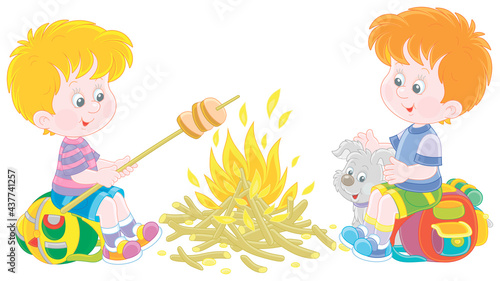 Little boy-scouts with a small pup in a forest camp, friendly smiling, talking and roasting bread on campfire, on summer vacation, vector cartoon illustration isolated on a white background