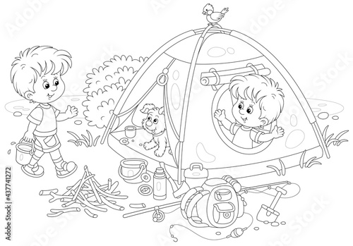 Cheerful little boys tourists with a merry pup in their forest camp by a small lake on summer vacation, black and white outline vector cartoon illustration for a coloring book page
