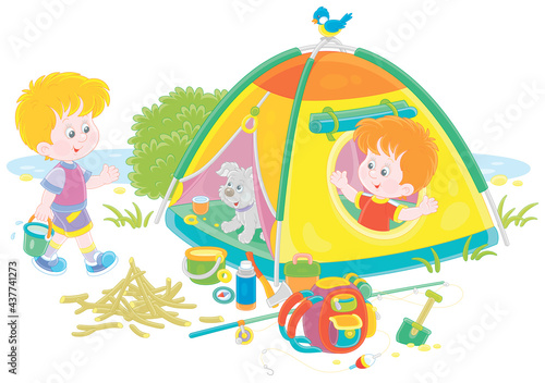 Cheerful little boys tourists with a merry pup in their forest camp by a small lake on summer vacation, vector cartoon illustration isolated on white
