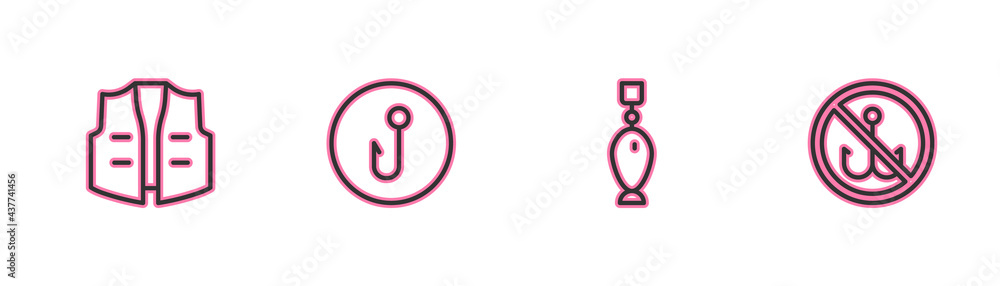 Set line Fishing jacket, spoon, hook and No fishing icon. Vector Set line Fishing jacket, spoon, hook and No fishing icon. Vector