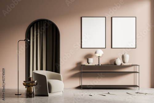 Tender pink pearl living room interior with armchair and posters