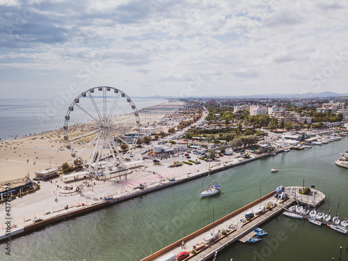 Italy June 2021, aerial view of the Romagna Riviera starting from the Rimini Ferris wheel