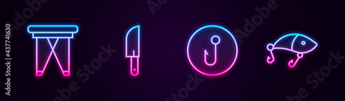 Set line Folding chair, Knife, Fishing hook and lure. Glowing neon icon. Vector