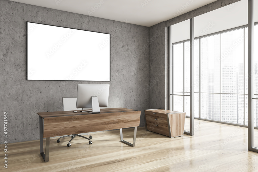 Concrete and wood CEO office corner with computer desk, poster and window Concrete and wood CEO office corner with computer desk, poster and window