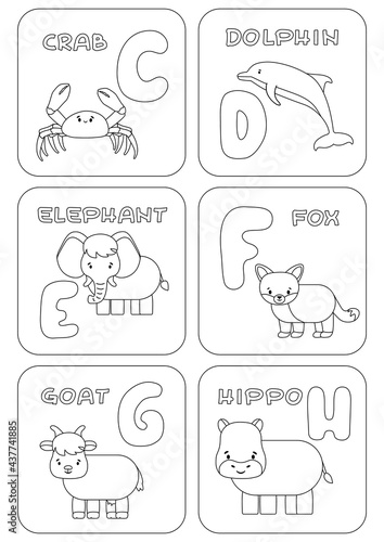 English C-H alphabet family kids game. Coloring pages with animals and letters that can be used for learning, education, relax, childish games. Vector cartoon doodle illustrations for print