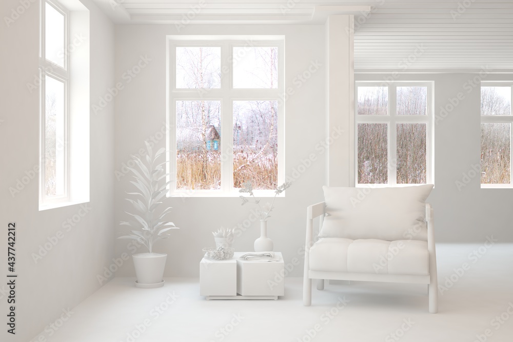 Mock up of stylish room in white color with armchair. Scandinavian interior design. 3D illustration Mock up of stylish room in white color with armchair. Scandinavian interior design. 3D illustration