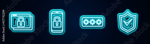 Set line Secure your site with HTTPS, SSL, Mobile closed padlock, Password protection and Shield check mark. Glowing neon icon. Vector