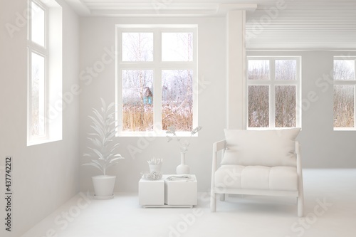 Mock up of stylish room in white color with armchair. Scandinavian interior design. 3D illustration