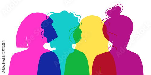 Women Silhouette of different cultures and nationalities standing together. The concept of the female empowerment movement and gender equality.