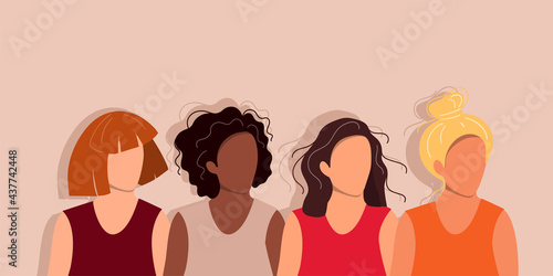 Women of different cultures and nationalities standing together. The concept of the female empowerment movement and gender equality.
