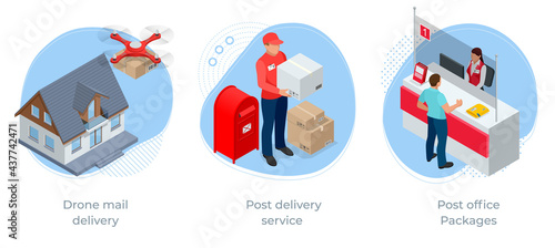 Isometric concept of Post office, Drone mail delivery, Post delivery service , Packages. Express delivery service