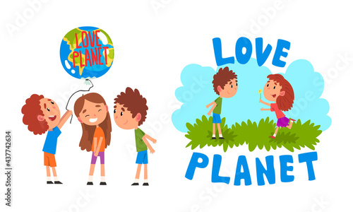 Kids Love and Save Planet Set, Cute Children Taking Care about Ecology Vector Illustration