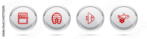 Set line Canned fish, Fish steak, and with caviar. Silver circle button. Vector