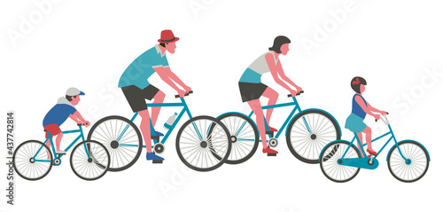 Dad, Mom, kids ride bicycle flat color vector icon. Mother, father, girl, boy cycling cartoon design element. Family active leisure activity. Parents, child together outdoor bicycling illustration