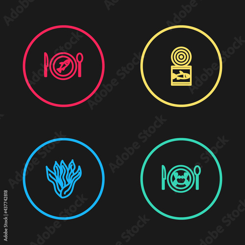 Set line Seaweed, Served crab on plate, Canned fish and icon. Vector