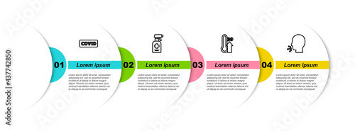 Set line Corona virus covid-19, Liquid antibacterial soap, High human body temperature and Man coughing. Business infographic template. Vector