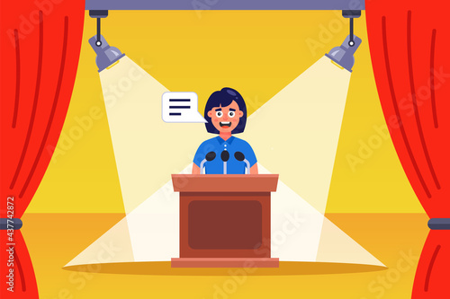 speech of the girl orator on the stage. flat vector illustration