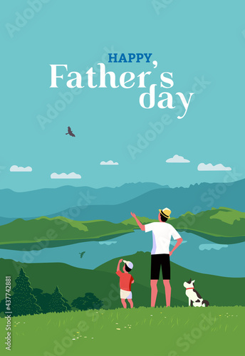 Happy father, son enjoy mountain landscape vector poster. Dad and kid boy family together activity on nature outdoors flat color cartoon illustration. Father's Day Holiday flyer, banner background
