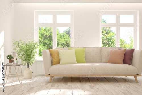 Minimalist living room in white color with sofa and summer landscape in window. Scandinavian interior design. 3D illustration