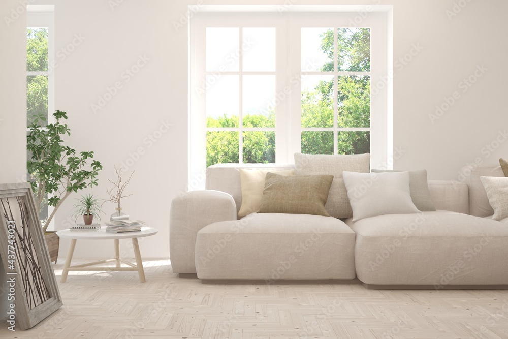 White living room with sofa and summer landscape in window. Scandinavian interior design. 3D illustration White living room with sofa and summer landscape in window. Scandinavian interior design. 3D illustration