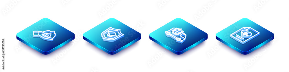 Set Isometric line Hand holding a fire, Graduation cap with shield, Car and Health insurance icon. Vector Set Isometric line Hand holding a fire, Graduation cap with shield, Car and Health insurance icon. Vector