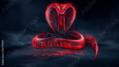 Mystical snake, red neon light. Dark fantastic landscape, night view, light reflection in the water. A terrible big snake goes around the island in the dark. 3d illustration  photo