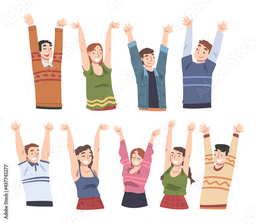 Set of Happy People Raising Hands, Smiling Girls and Guys Having Fun or Celebrating Success Cartoon Vector Illustration