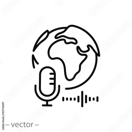 world podcast icon, microphone with globe, international radio day, global mass media, sound broadcast, thin line symbol on white background - editable stroke vector illustration eps10