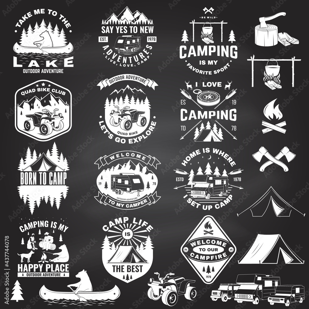 Set of summer camp badges with design element on the chalkboard. Vector. Concept for shirt or logo, print, stamp or tee. Set of summer camp badges with design element on the chalkboard. Vector. Concept for shirt or logo, print, stamp or tee.