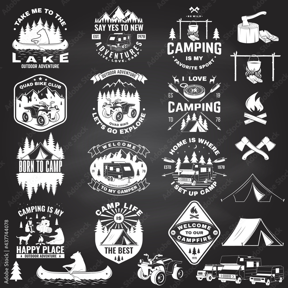 Set of summer camp badges with design element on the chalkboard. Vector. Concept for shirt or logo, print, stamp or tee.