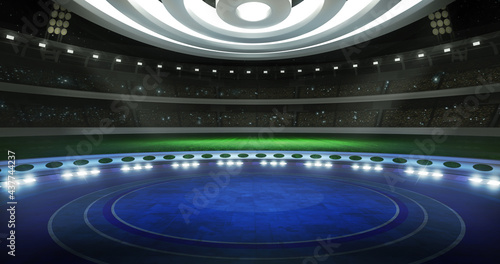 Football event, virtual show background. 3D concept stage backdrop, Ideal for soccer news, live tv shows, or sport products. A 3D rendering  suitable on VR tracking systems, with green screen