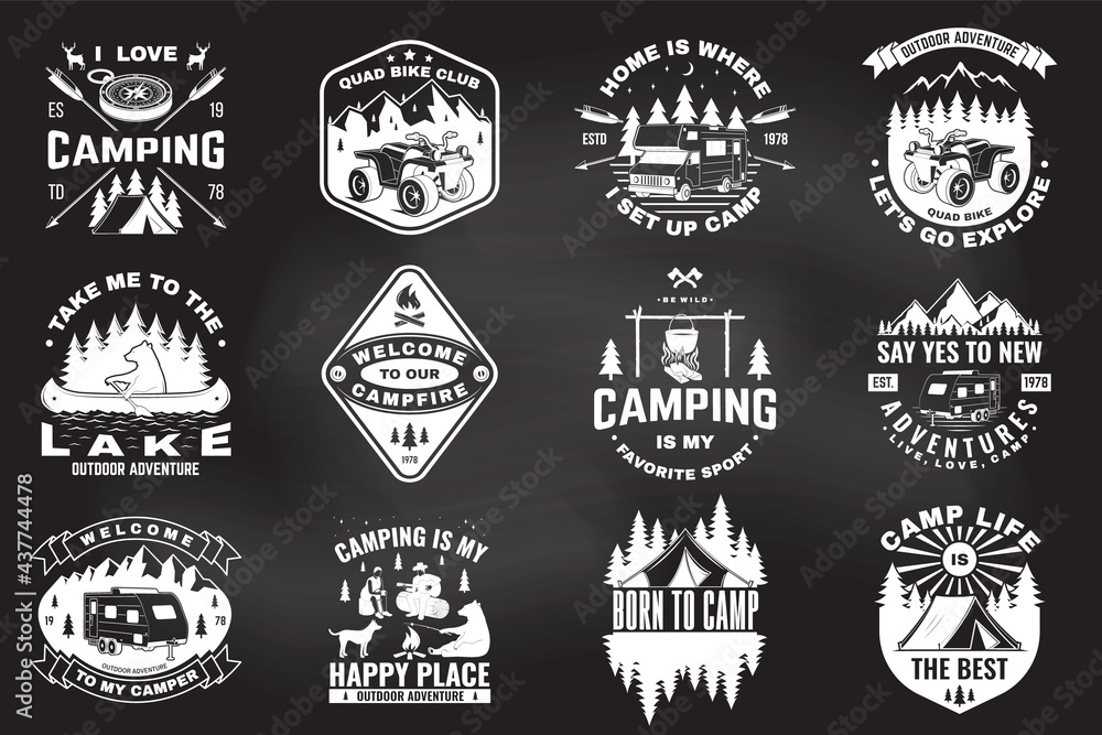 Set of summer camp badges on the chalkboard. Vector. Concept for shirt or logo, print, stamp or tee.