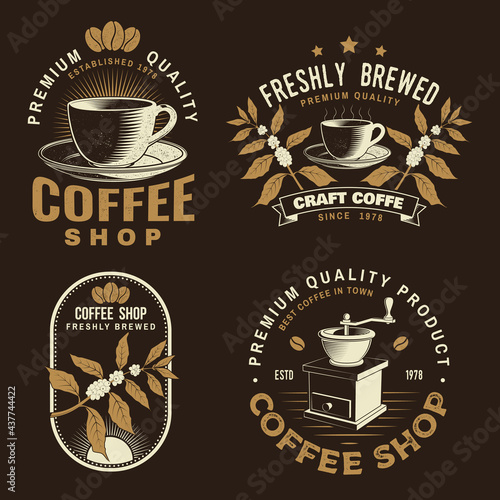 Set of Coffe shop logo, badge template. Vector. Typography design with coffee grinder, cup and branch of coffee tree silhouette. Template for menu for restaurant, cafe, bar, packaging