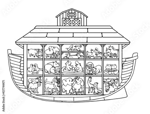 Childish style illustration of Noah's ark full of animals aboard (Horse, cow, penguin, elephant, sheep, lion, dove, goat and others). The ark is in a section. Coloring Pages