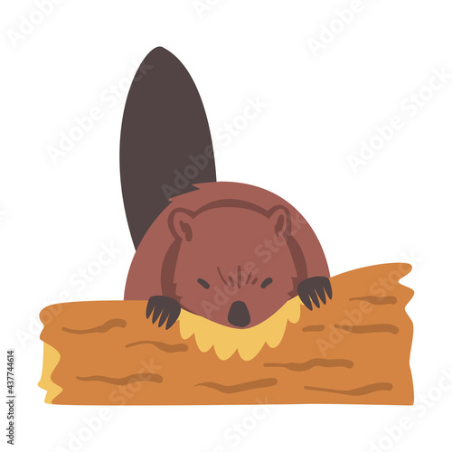 Cute Beaver Gnawing Log, Brown Rodent Wild Mammal Animal Cartoon Vector Illustration
