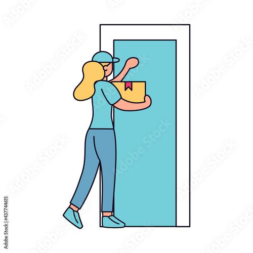 Isolated delivery girl with a package knocking a door Vector illustration