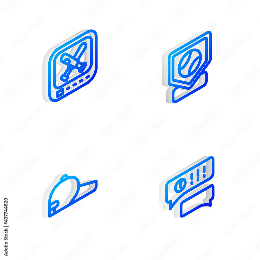 Set Isometric line Baseball base, Monitor with baseball game, cap and Speech bubble chat icon. Vector Set Isometric line Baseball base, Monitor with baseball game, cap and Speech bubble chat icon. Vector
